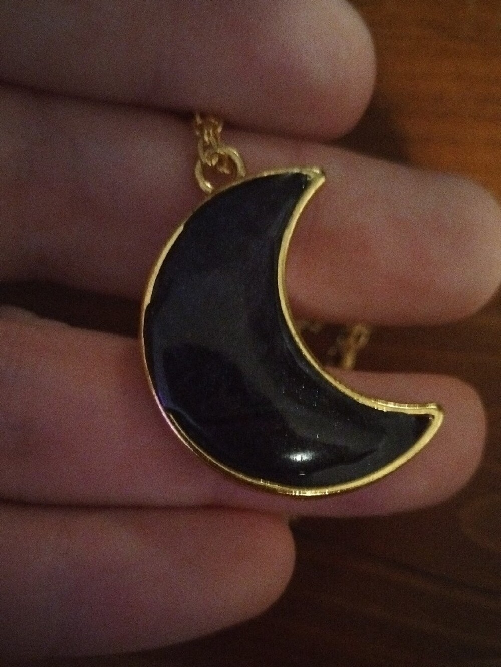 Gold Crescent Moon Pendant Necklace with Deep Blue Inlay - Picture 2 of 3